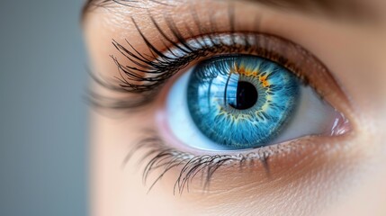 a close up of a person's eye with a blue iris and yellow iris in the center of the iris.
