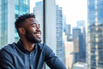 smiling African American business man looking out, while working in office,