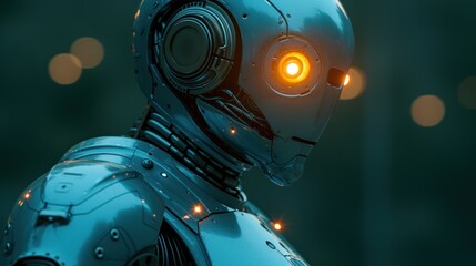 a close up of a robot with a yellow light on its face and a black background with circles of light around it.