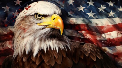 Naklejka premium A proud, beautiful eagle against the background of the USA flag. Ai generative