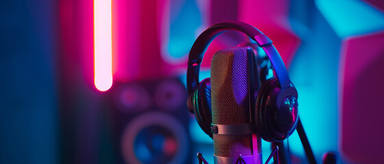 Neon lights frame a podcasting setup, highlighting a professional microphone and headphones