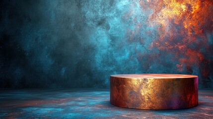 a round metal table sitting in front of a blue and orange wall with a painting on the wall behind it.