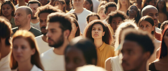 A diverse crowd of people with focused expressions, symbolizing unity in diversity and community