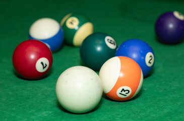 Billiard table balls, green background