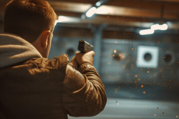 Man aiming pistol at target in indoor shooting range - obrazy, fototapety, plakaty