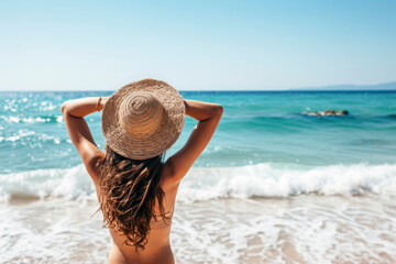 Summer beach vacation concept, Young woman with hat relaxing with her arms raised to her head enjoying looking view of beach ocean