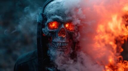 a skull with glowing red eyes and a hooded jacket with a hood on is smoking a cigarette in front of a dark background. - obrazy, fototapety, plakaty