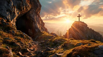 Religious christian cross crucifixion on top of mountain at sunset. AI Generative. - obrazy, fototapety, plakaty