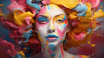 Fototapeta premium Woman Embellished with Dynamic Paint Splashes and Spheres