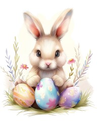 Colorful illustration of an Easter bunny with colorful eggs, pastel watercolor colors