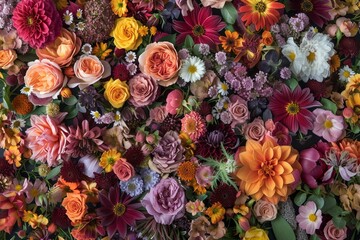 A rich tapestry of various flowers in full bloom, showcasing an explosion of colors