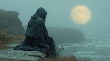 a statue woman sitting on top cliff next to the ocean with a full moon in the background.