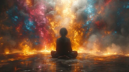 a person sitting in the middle body of water in front multicolored explosion of smoke. - obrazy, fototapety, plakaty