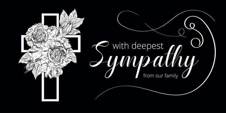 Modern condolences card with sketch of roses flowers. Memories and funeral template design. Hand drawn floral arrangement. For flyers, invitations. Black background. banner