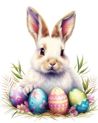 Fototapeta na wymiar Colorful illustration of an Easter bunny with colorful eggs, pastel watercolor colors