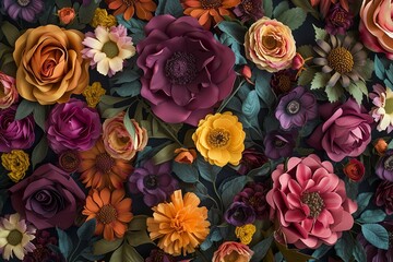 A rich tapestry of various flowers in full bloom, showcasing an explosion of colors