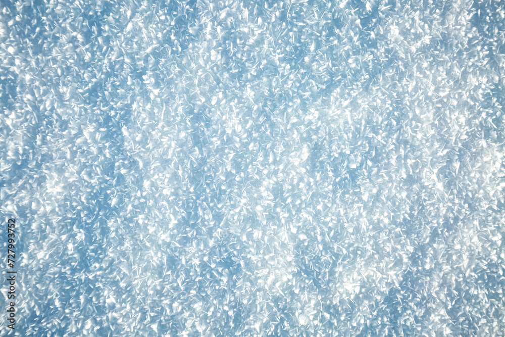 Poster Close up view of snow texture, abstract natural background with copy space.