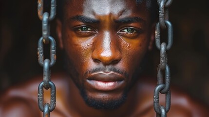a close up of a man's face with chains around his neck and hands on his chest and chest.