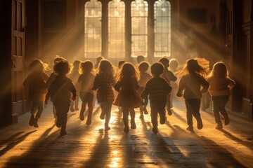 A lively group of children, clad in colorful clothing and sporting various footwear, dart through the sunlit room, their shadows dancing on the ground as they play