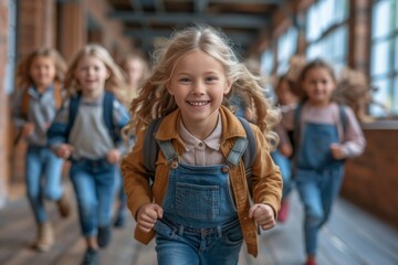 A group of young girls, clad in denim jackets and street fashion, run with carefree smiles through the hallway of a building, their blond hair flying behind them, embodying the joy and freedom of chi