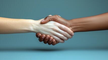 a close up of two people shaking hands on a blue background with a black and white photo of one person holding the other's hand. - obrazy, fototapety, plakaty