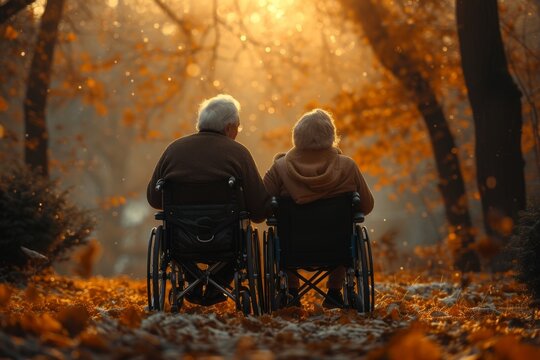 In the midst of a colorful autumn sunset, two elderly individuals sit in their wheelchairs under a tree in the park, reflecting on a lifetime of memories together