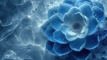 a close up of a blue flower with drops of water on it's petals and the center of the flower. - obrazy, fototapety, plakaty