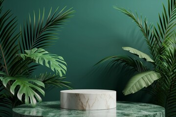 Fototapeta na wymiar a minimalist modern podium with a textured marble a smooth emerald green backdrop