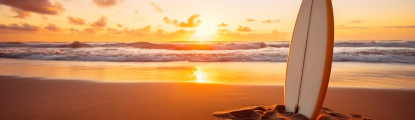 Poster Surfboard on the beach at sunrise. Panoramic banner. Surfboards on the beach. Vacation and Travel Concept with Copy Space. © John Martin
