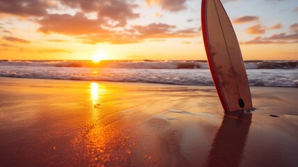 Surfboard on the beach at sunset, shallow depth of field. Surfboards on the beach. Vacation and Travel Concept with Copy Space. - obrazy, fototapety, plakaty