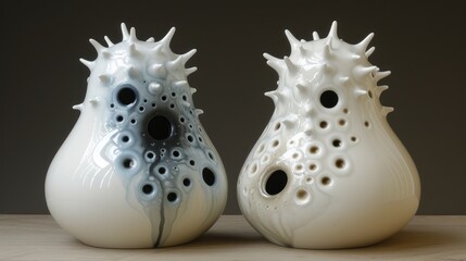 a couple of white vases sitting on top of a wooden table.