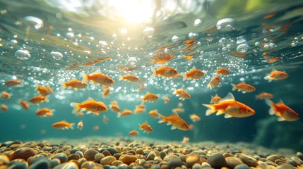 Fotobehang a large group of goldfish swimming in an aquarium with sunlight shining through 's bubbles on surface. © Jevjenijs