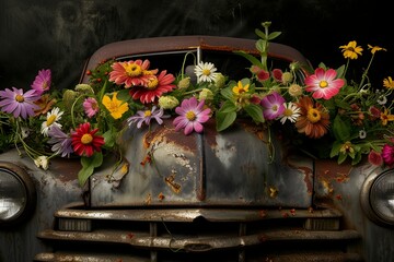 a vintage car's trunk overflowing with a vibrant assortment of wildflowers