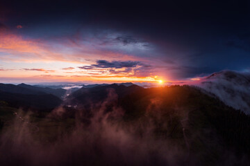 A wonderful drone view of the sunset in the mountains. Carpathian National Park, Ukraine.