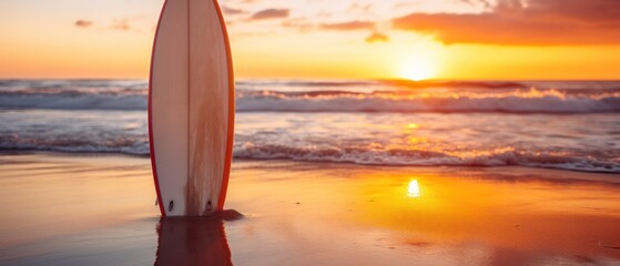 Surfboard on the beach at sunset. Extreme sport and healthy lifestyle concept. Surfing concept....