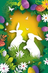 Easter background with bunny, eggs and flowers, paper art style
