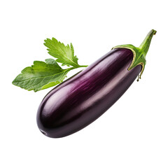 a purple eggplant with green leaves