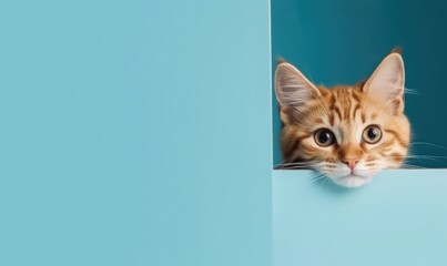 Cute ginger cat character peeking out from behind a blue wall.