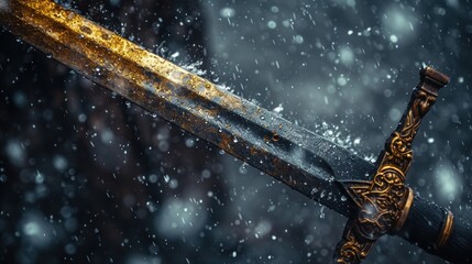 a close up of a sword on a snow covered ground with snow flakes on the sword and it's blade. - obrazy, fototapety, plakaty