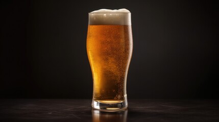 A glass of fresh and cold beer, foam at the top, Wood table, on a dark background, empty space. 
