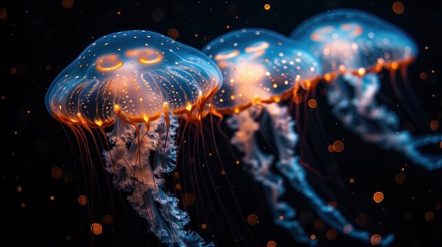 a group of jellyfish floating next to each other on a black background with orange and blue lights in the water.