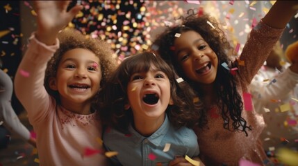 Happy multicultural group of kids having fun during birthday party with confetti
