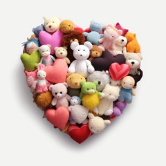 Stuffed animals arranged in a heart shape suitable for love, Valentine's day, relationships, toys, childhood, affection, and sentimental concepts.