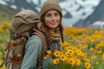 A lone woman stands in a sea of vibrant yellow flowers, her backpack and hat hinting at her adventurous spirit as she takes in the stunning mountain scenery