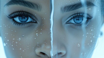 a close up of a woman' drops of water on her face and another woman' blue eyes.