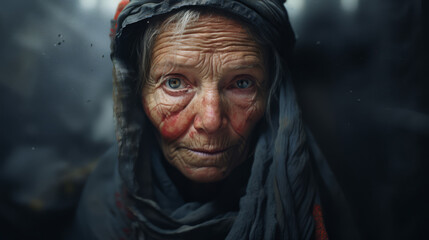 Elderly Woman with Weathered Features and a Lifetime of Stories in Her Eyes