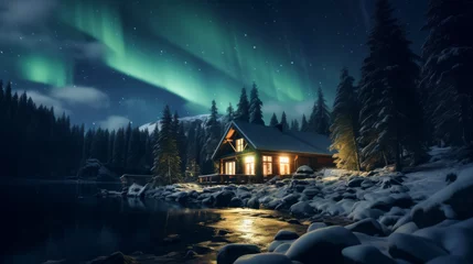 Tuinposter House Under the Aurora borealis by a Frozen Lake in Winter Wonderland © Priessnitz Studio
