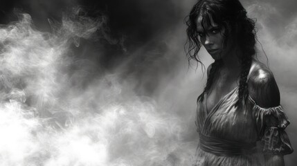 a black and white photo of a woman in a dress with smoke coming out of the back of her head.