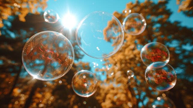a bunch of soap bubbles floating air with trees back ground and a blue sky background.