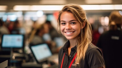 Portrait of a young female cashier at a supermarket - obrazy, fototapety, plakaty